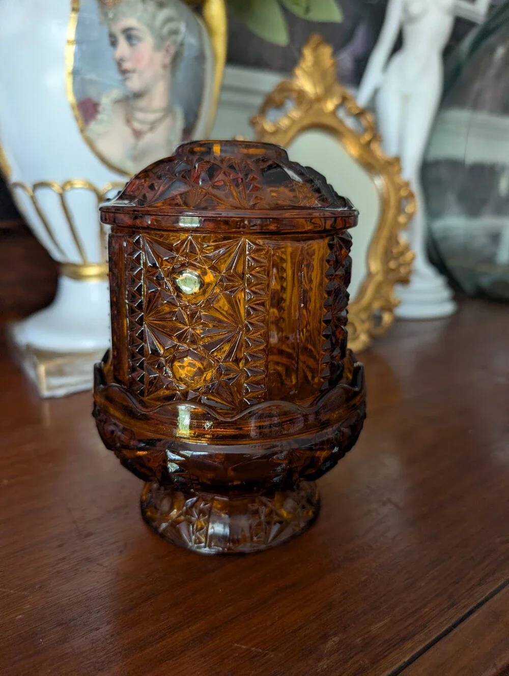 Vintage Indiana Glass Dark Amber Fairy Lamp, Stars and Bars, READ